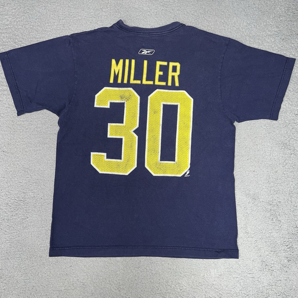 VTG Reebok Buffalo Sabres Ryan Miller T Shirt Men's Sz M Blue #30 2-Side Tee Y2K